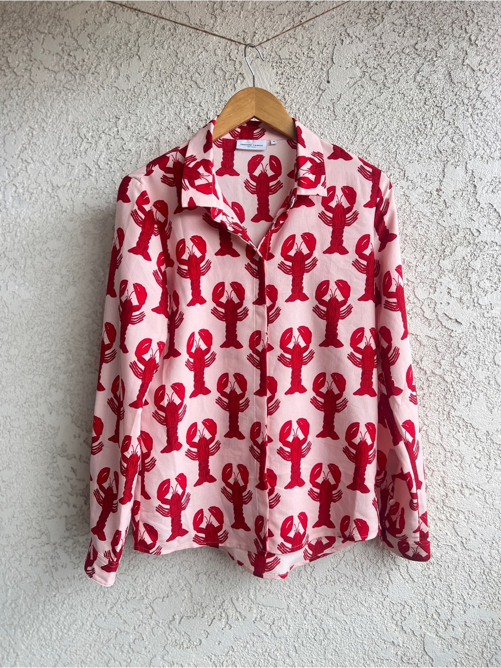 Women's Pink Button-Up Blouse with Red Lobster Print. 100% Viscose